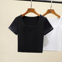夏季黑色短袖t恤女方领紧身短款新款高腰设计感露脐装上衣小个子