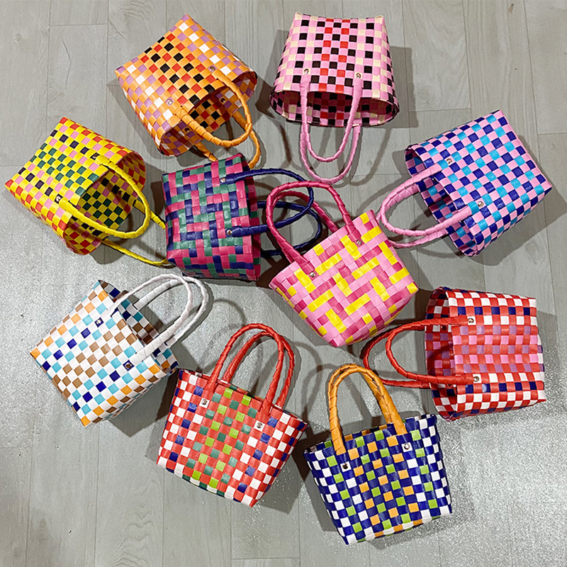 Vegetable Basket Straw Woven Bag New Ins Style Pastoral Shopping Basket Women's Bag Woven Bag Contrasting Color