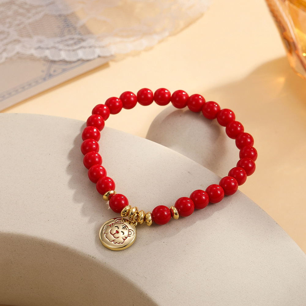 虎年可爱老虎手链情侣款红珠子喜庆滴油手饰本命年化太岁手串批发