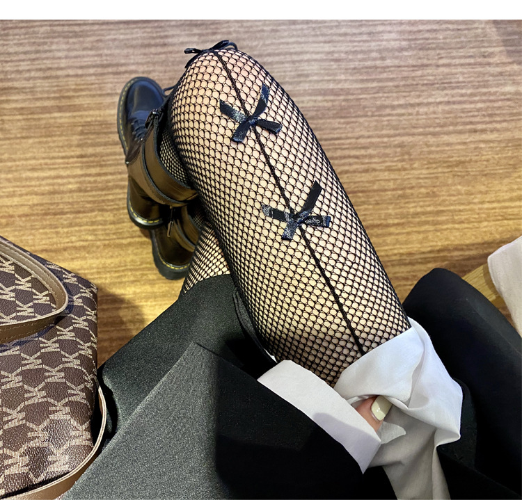 代发机打多蝴蝶结渔网袜暗黑长筒袜子女jk大网格连裤镂空性感丝袜