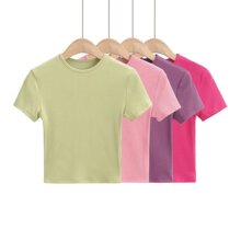 高圆领紧身纯色短袖T恤女夏季欧美风女装新款紧身弹力T恤纯欲上衣