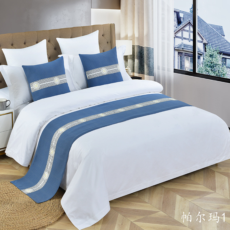 蓝色帕尔玛花型床旗床尾巾 酒店宾馆床旗定制2021新