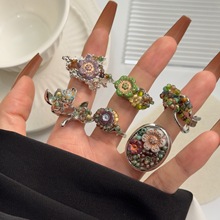 新中式新款欧美宫廷复古戒指森系花朵绿捷克珠指环