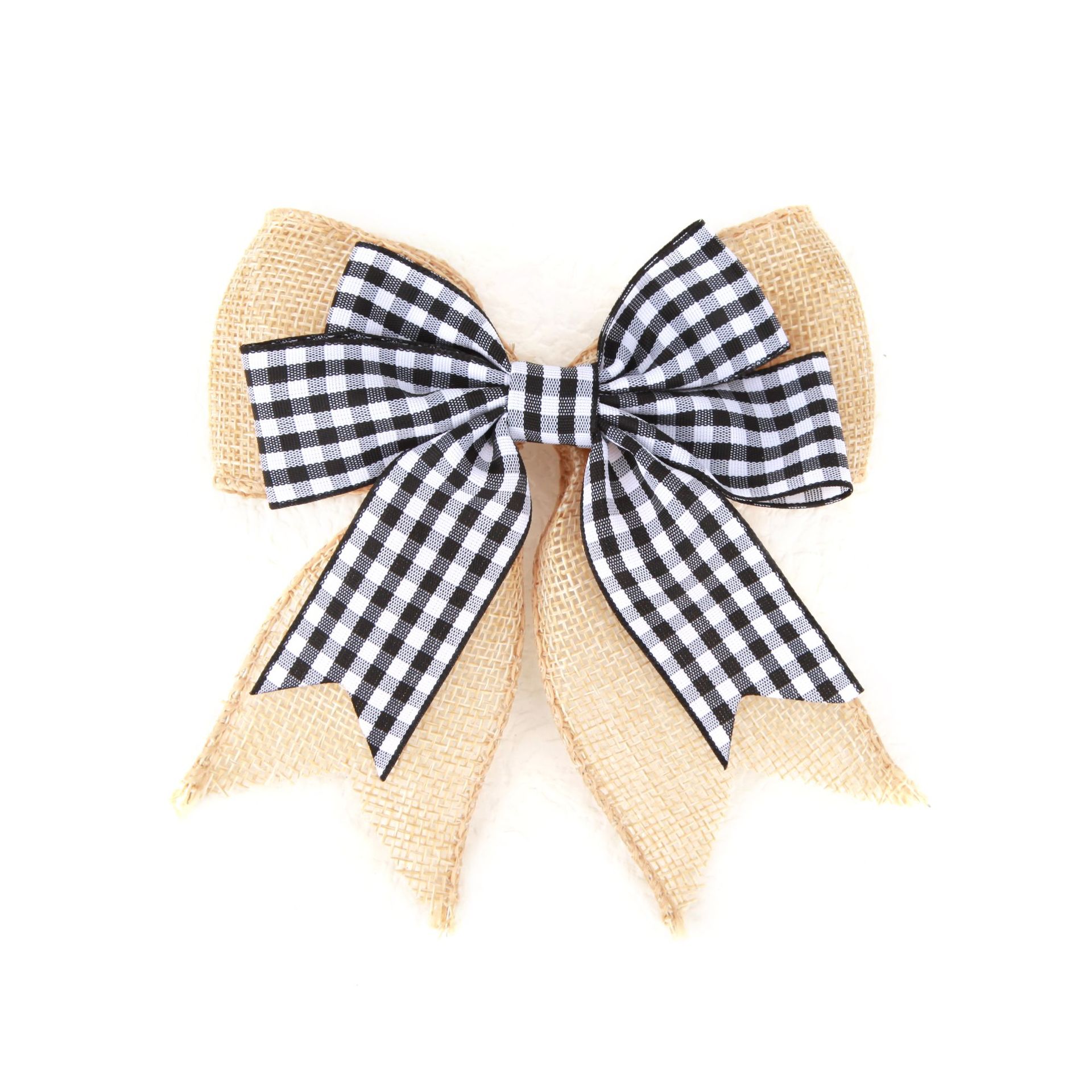 厂家直销圣诞装饰品花环铁丝麻布大蝴蝶结黑白格子手工圣诞蝴蝶结