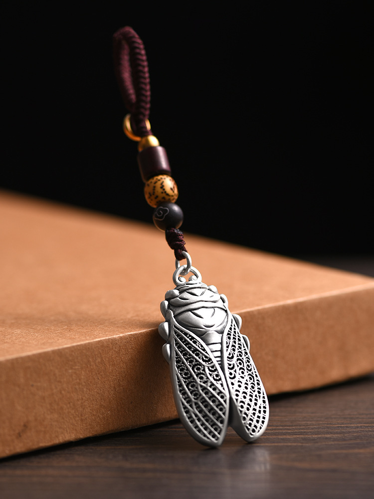 999纯银钥匙扣汽车挂件银包包手机挂饰中国风古风足银知了蝉吊坠