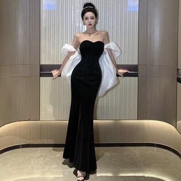 轻奢高定黑色抹胸晚礼服小众高级新娘订婚主持人演出艺考晚礼服裙