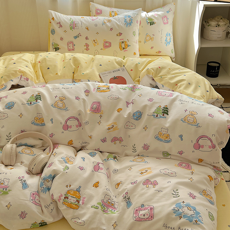ins风母婴级床上纯棉四件套100%全棉卡通被套被罩学生宿舍三件套