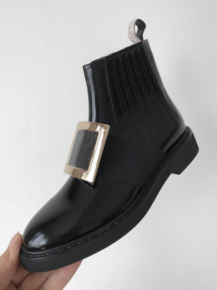 高定版 秋冬新款rv水钻方扣马丁靴女 英伦风平底真皮切尔西靴裸靴