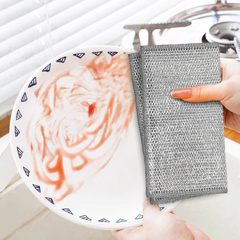 Double-Sided Silver Wire Mesh Kitchen Stove Dishcloth Household Cleaning Decontamination Thickened Washing Pot Steel Wire Rag Daily Use