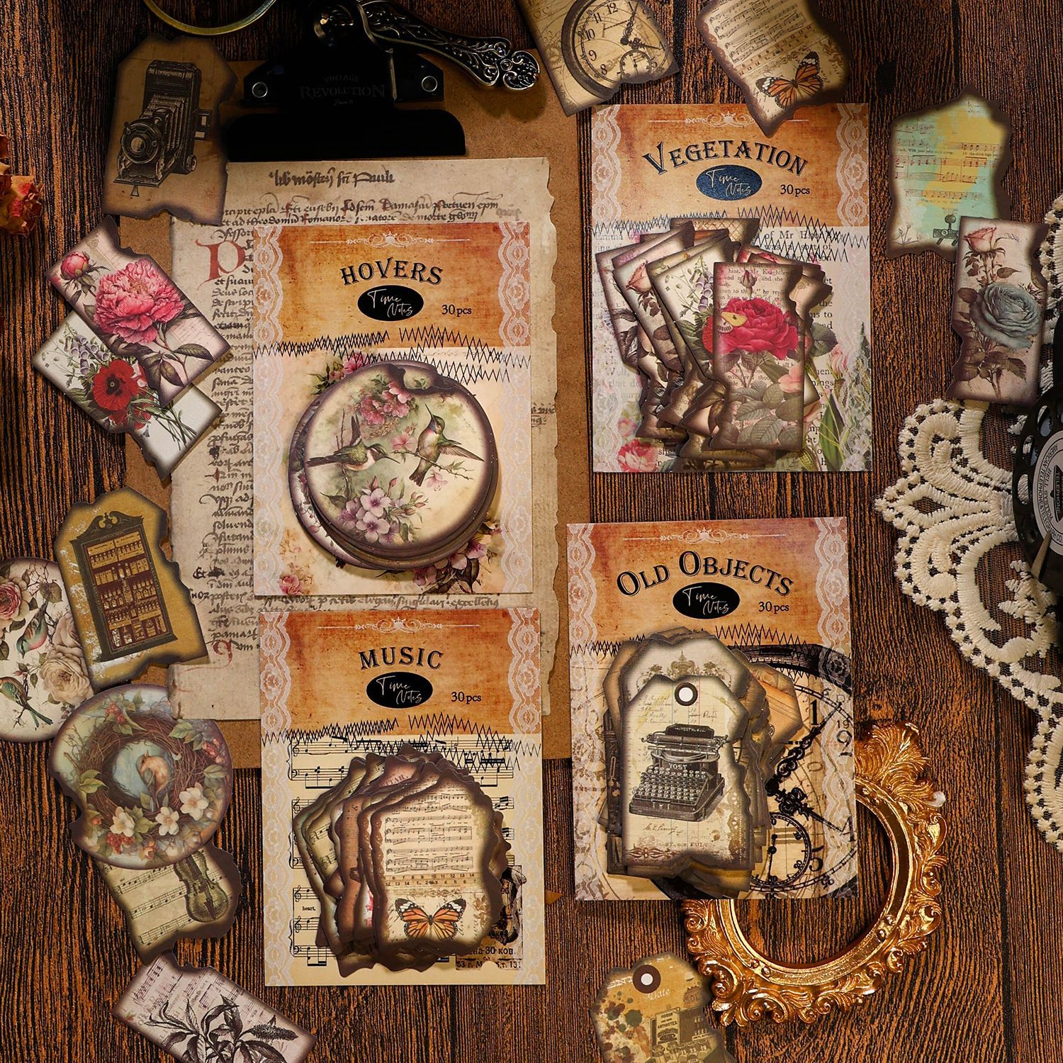 古古森林素材纸 时间笔记系列 美式复古烧边手帐贴纸装饰拼贴 4款