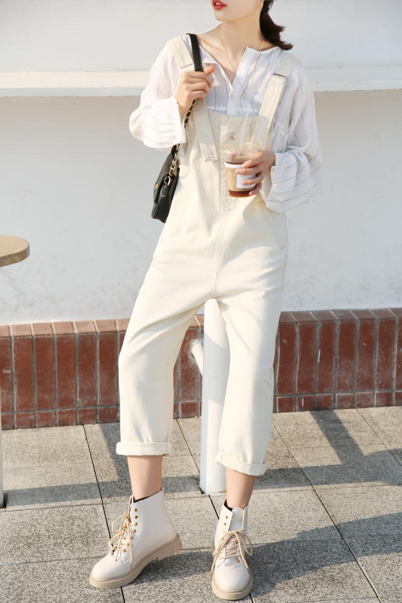 卡其色牛仔背带裤早秋新款韩系宽松高腰显瘦老爹阔腿九分连衣裤