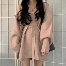 宽松中长款V领外穿毛衣单件套装新款女装韩版长袖针织衫套头上衣