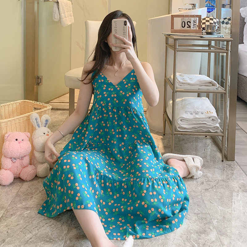 2023 New Spring Summer Cotton Silk Nightdress Women's Sling Thin Student Pregnant Women Can Wear outside Summer Home Wear Suit