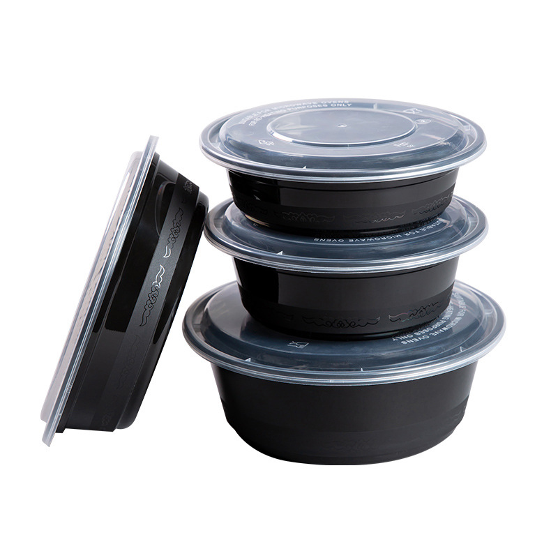 美式圆形小碗菜打包盒350/450/600ml黑色一次性餐盒带盖便当饭盒