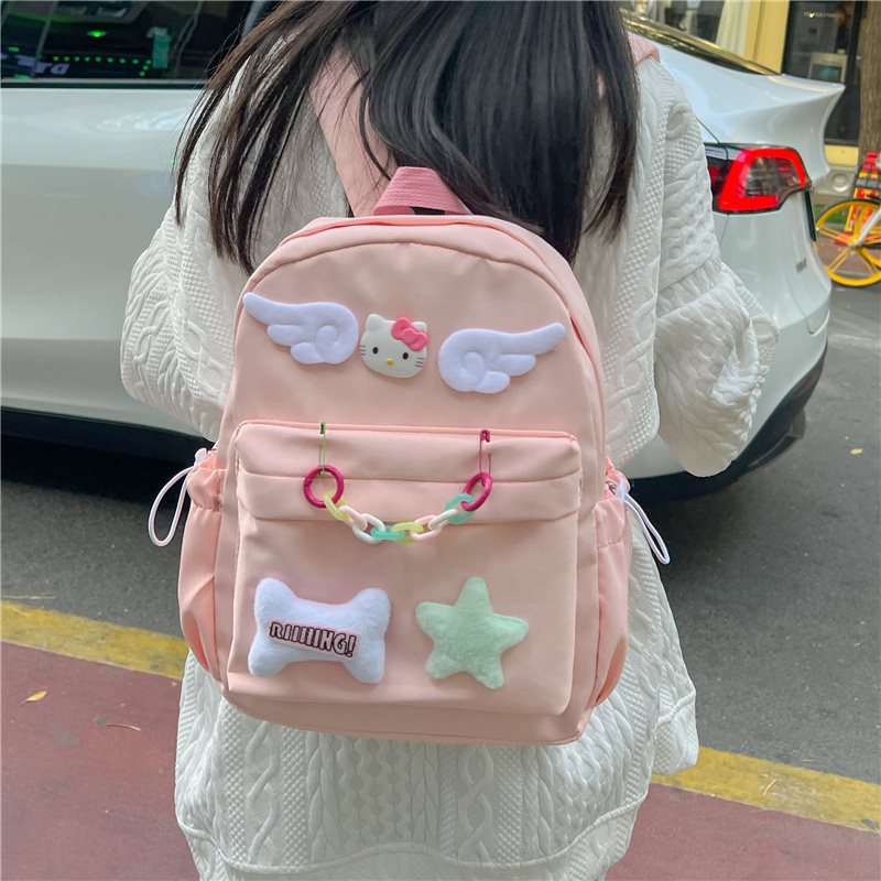 超可爱原创kitty翅膀小背包甜辣妹嫩黄粉书包百搭奶黄星星双肩包