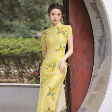 旗袍2022年新款女夏季蚀骨复古民国古法黄色长款中国风女装连衣裙
