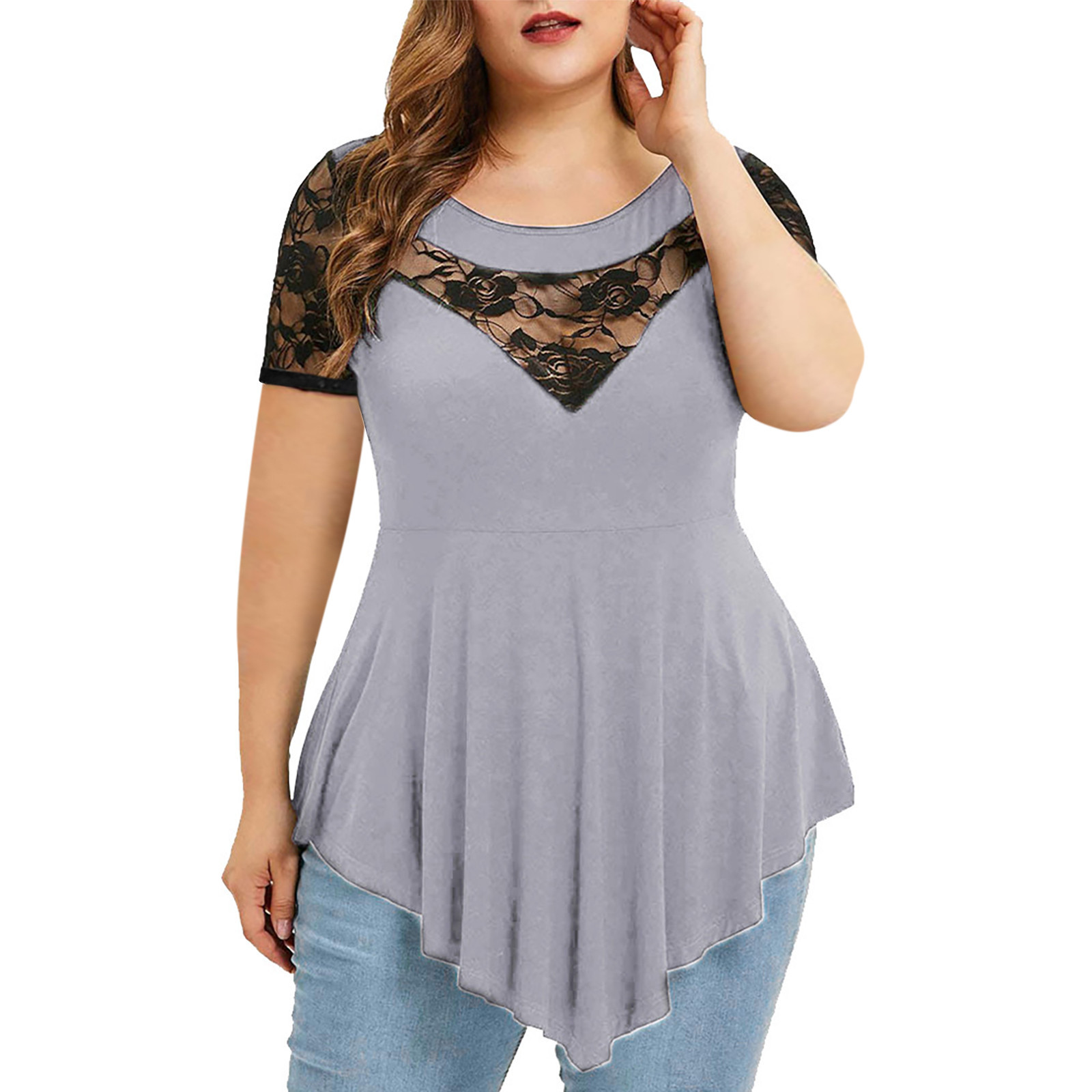 Cross-Border Foreign Trade New Women's Clothing plus Size Flower Lace Short Sleeve Irregular Hem See-through round Neck Women's Top Women Clothes