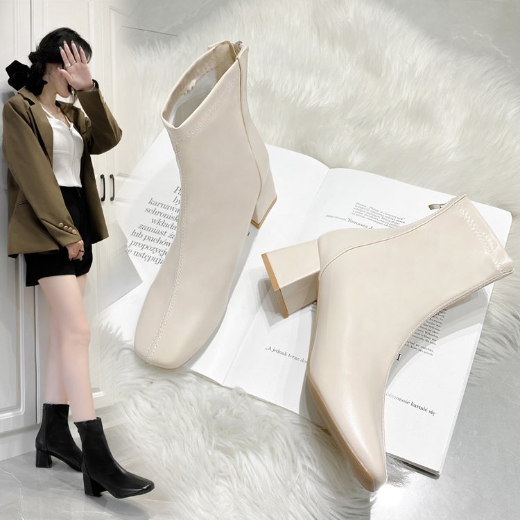马丁靴女2023秋冬高跟后拉链瘦瘦短靴女欧美粗跟显高白色方头女鞋