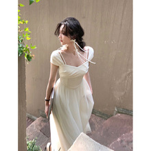 夏季白色连衣裙子女士2024新款时尚小个子网纱a字气质中长裙