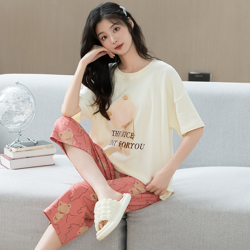 Pajamas Women's Summer Cartoon Cotton Home Wear Women's Summer Women's Loose Large Size Short Sleeve Cropped Pants Pajamas Suit