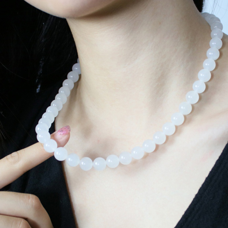 玉项链天然玉石项链女士款圆珠项链8mm-10mm羊脂级白玉项链