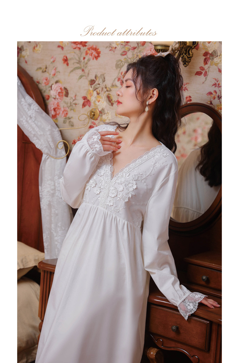 春夏宫廷公主风睡裙女长款刺绣睡衣长袖长裙甜美性感棉秋家居服
