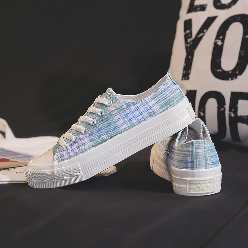 女童jk帆布鞋板鞋百搭高帮鞋制服学生板鞋女孩格子鞋秋季搭配布鞋