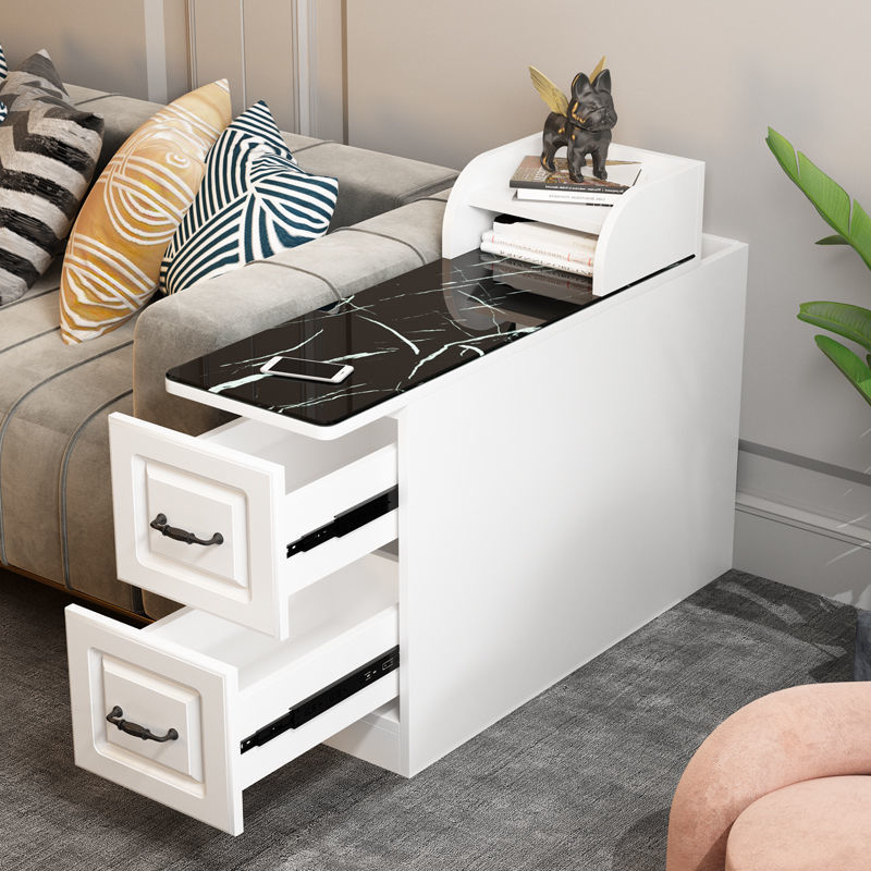 沙发边几柜钢化玻璃大理石纹桌面家用沙发扶手柜侧边几角柜可移动