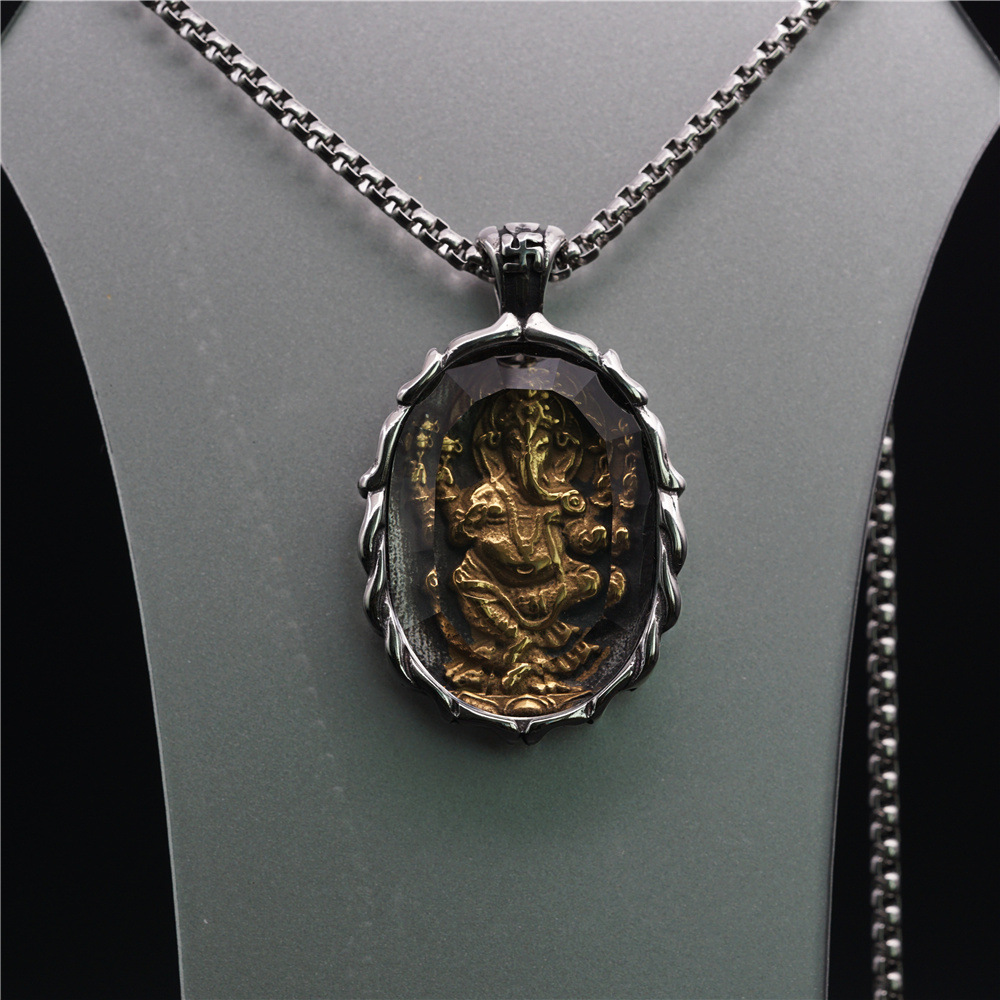 新款泰国万字象鼻神吊坠个性佛牌辟邪大象神钛钢财神男士项链饰品