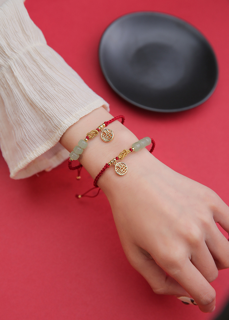 网红编织福字和田转运玉珠手工手绳2022新年国潮高级感红绳手链