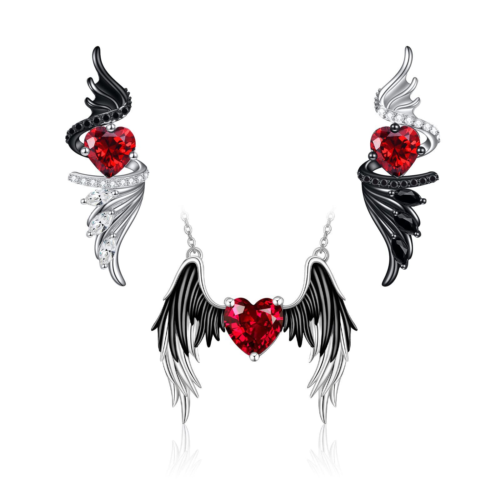 欧美跨境潮流设计感天使恶魔爱心翅膀耳钉项链 黑白套装情侣礼物