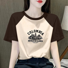 新款韩版拼色纯棉短袖t恤女2024夏装撞色插肩设计感上衣显瘦百搭