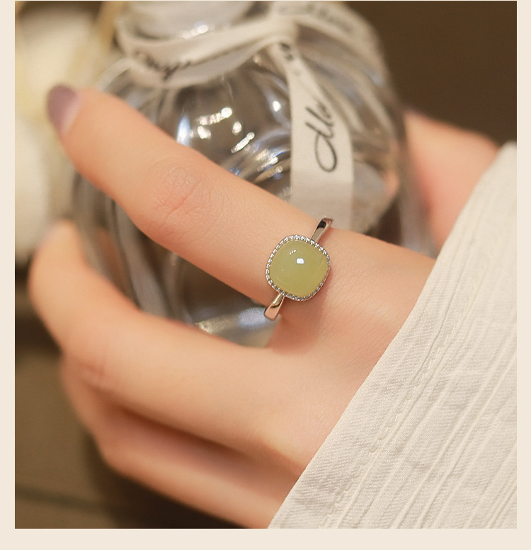 National Style Hetian Jade Cube Sugar Ring Female Versatile Antique High-Grade White Jade Special-Interest Design National Fashion Minimalist Open Ring