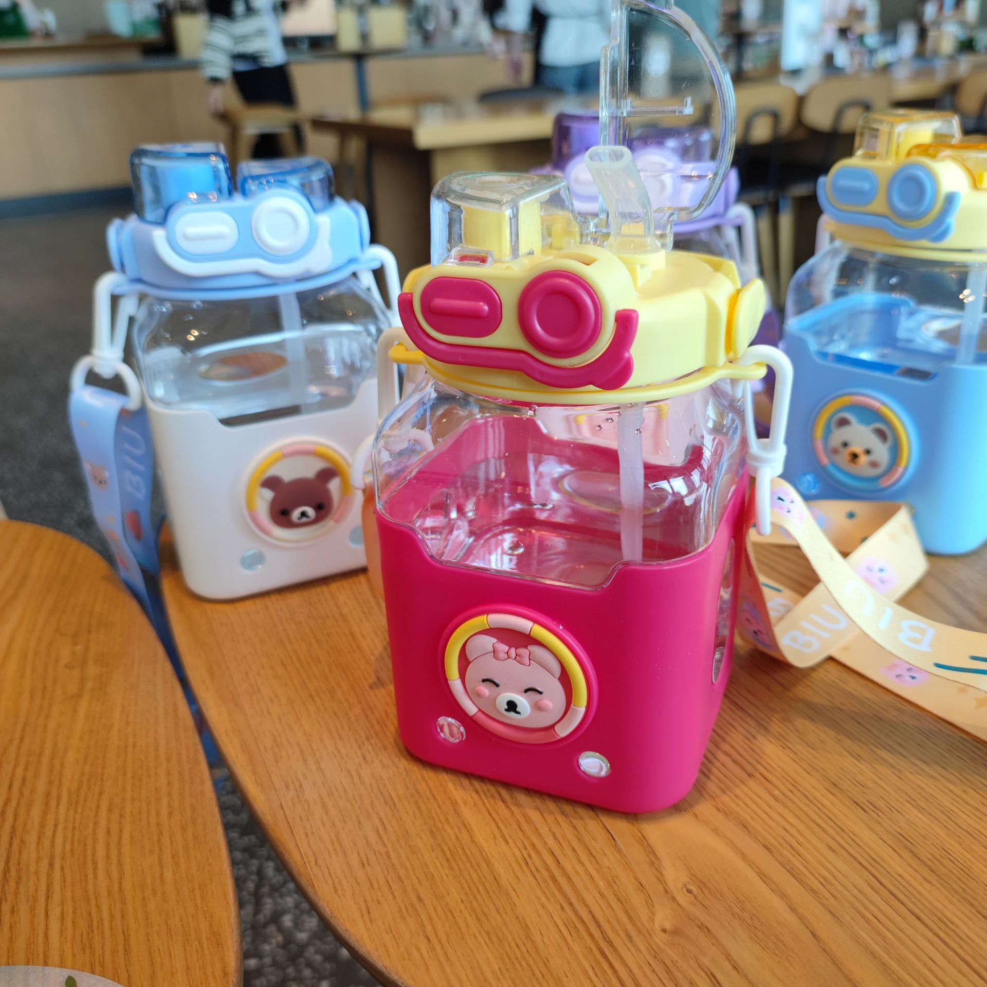 2023 New Square Sugar Cute Double Drinking Cup Outdoor Travel Straw Plastic Strap Children Student Adult Crossbody