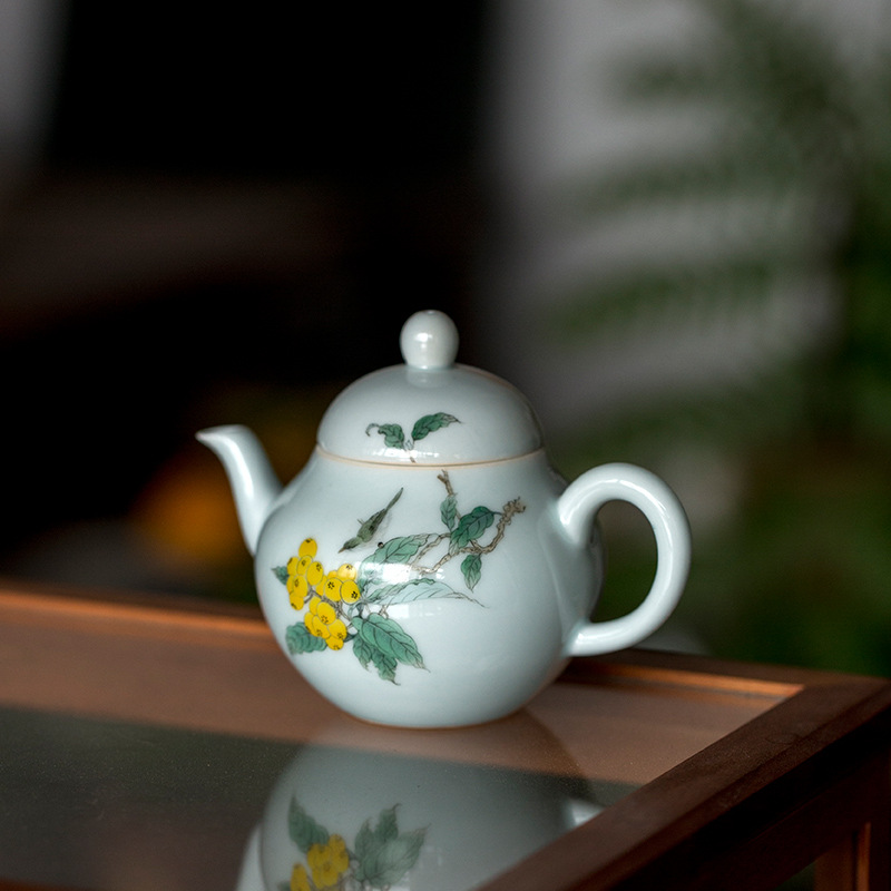 仿古胎手绘牡丹茶壶陶瓷功夫茶具小梨壶复古釉上彩单壶手执壶预售