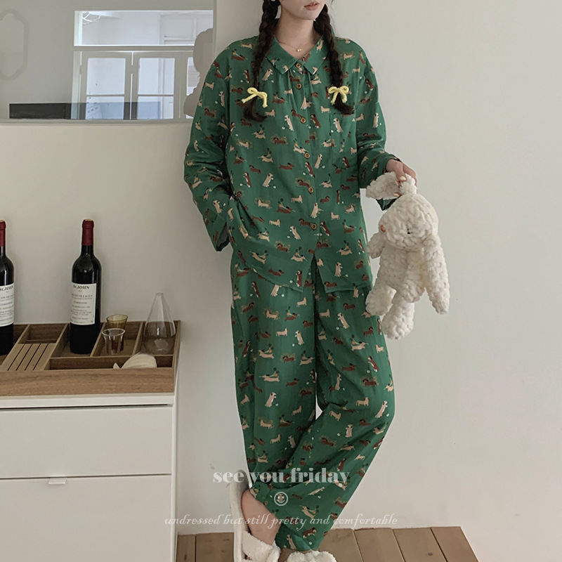 Gaomi Double-Layer Cotton Yarn Korean 2024 Spring and Summer New Retro Green Cartoon Puppy Lapel Cardigan Pajamas Home Wear