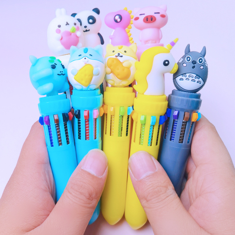 Creative Stationery Ten-Color Ballpoint Pen Girl Heart Cartoon Multi-Color Push Pen Student Journal Graffiti Marker Pen Wholesale