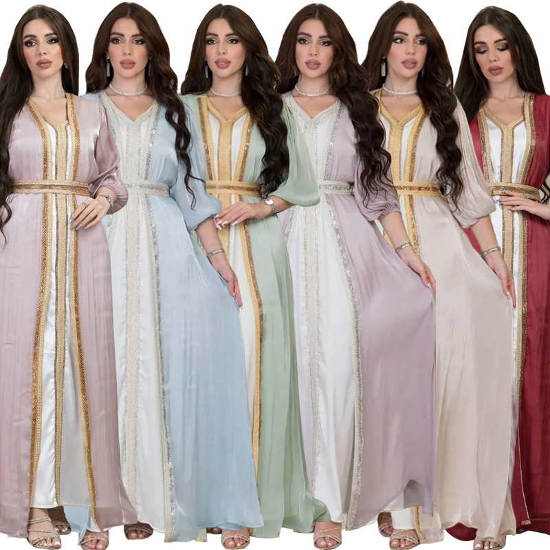 Ab266 Cross-Border Muslim Women's Wear Rhinestone Light Luxury Dress Abaya Suit Bright Silk Satin Three-Piece Dress