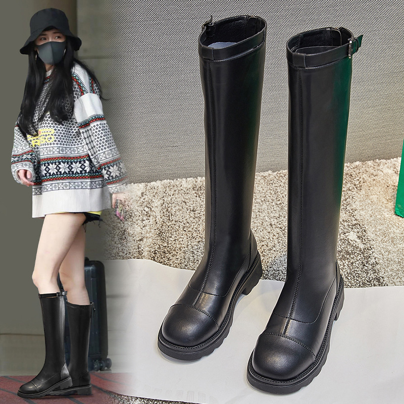 真皮长靴女秋冬季2024新款骑士高筒靴英伦风长筒靴加绒休闲女靴潮