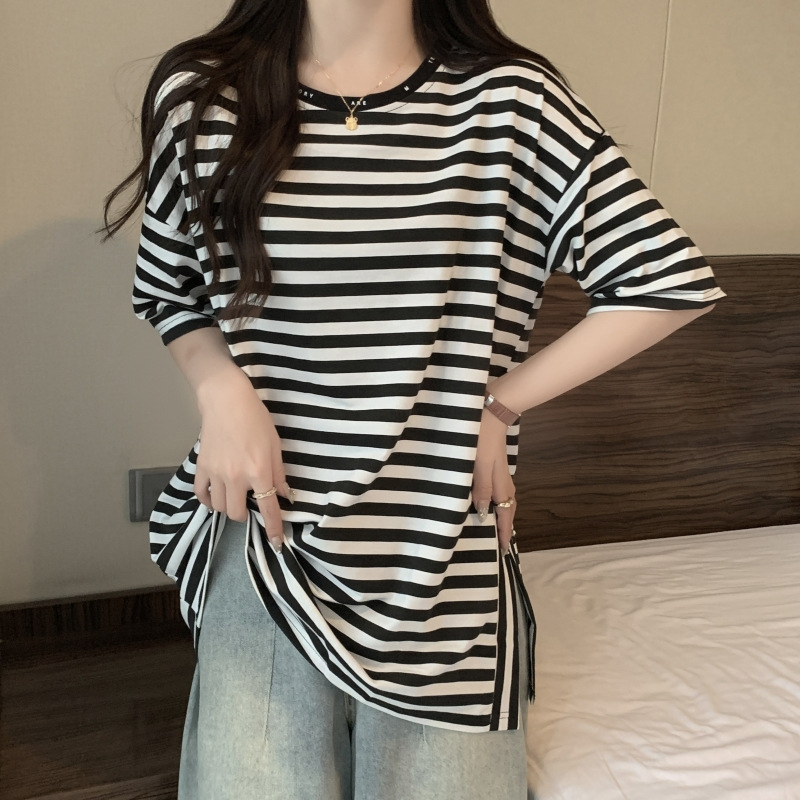 Summer Hong Kong Style Vintage Stripe Loose Split Short-Sleeved T-shirt Women's Korean Style Slim Fit All-Matching Mid-Length Casual Student