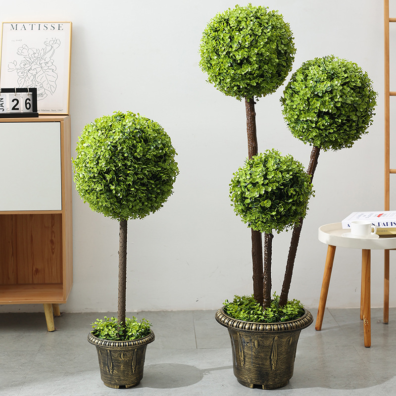 北欧复古大尤加利盆栽草球桌面创意绿植装饰摆件假花树球盆景摆设