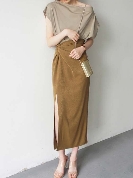 2023 Mustard Matte Texture Cross Design High Waist Side Slit over-the-Knee Skirt Fashionable Women's Bottoms