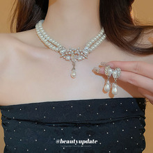 镶钻树叶水滴双层珍珠项链套装法式轻奢风锁骨链时尚优雅百搭项饰