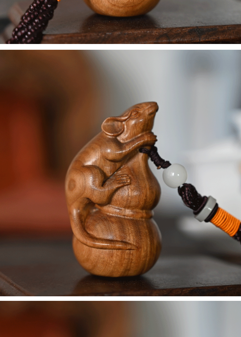 绿檀木十二生肖葫芦老鼠文玩手把件个性钥匙扣实木雕刻木质工艺品