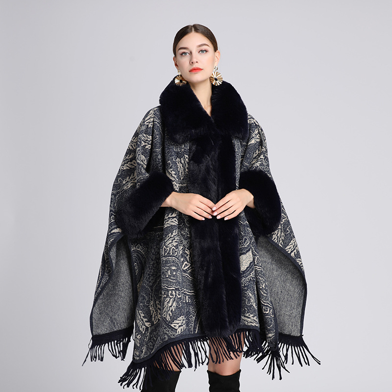 667# European and American Autumn and Winter New Imitation Rex Rabbit Fur Collar Shawl Cape Jacquard Loose-Fitting Tassel Oversized Woolen Coat Female