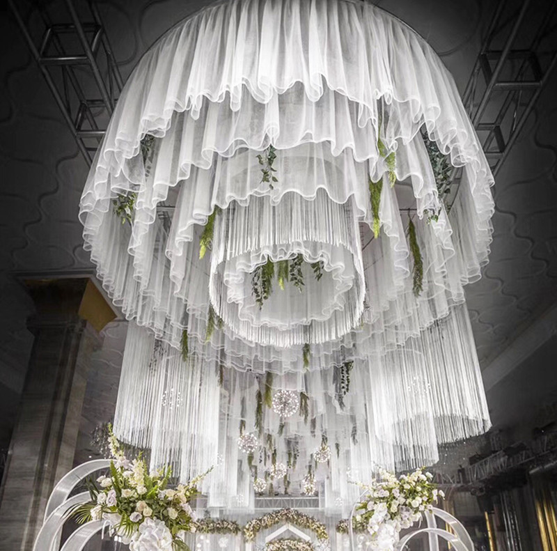 吊顶纱红色网纱垂感布幔彩纱棚顶店面喜事布置门厅云顶纱帷幔节日