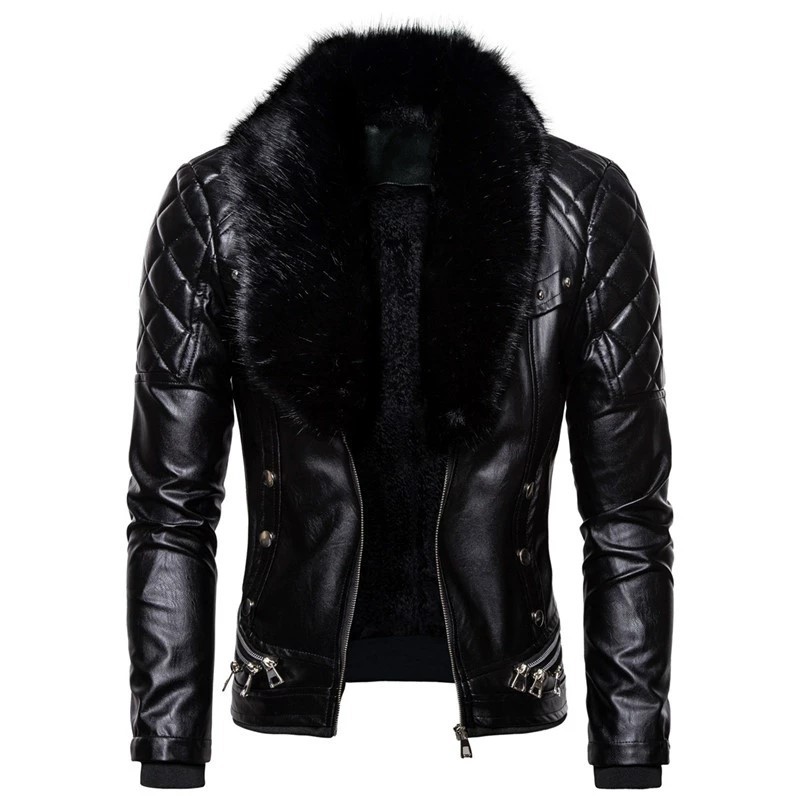Factory Wholesale Men's Punk Detachable Fur Collar Rivet Compressed Cotton Thick Windproof Locomotive Style Leather Jacket Coat Male