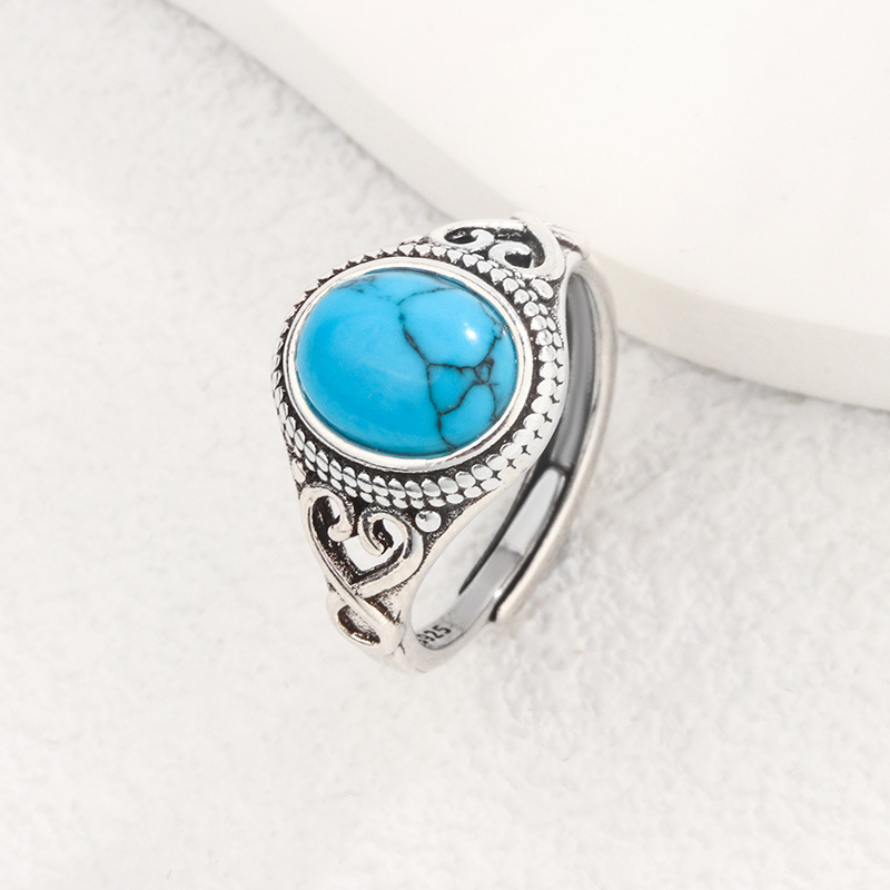 欧美新款镶嵌复古绿色松石戒指波西米亚风合成绿松石镂空花纹指环