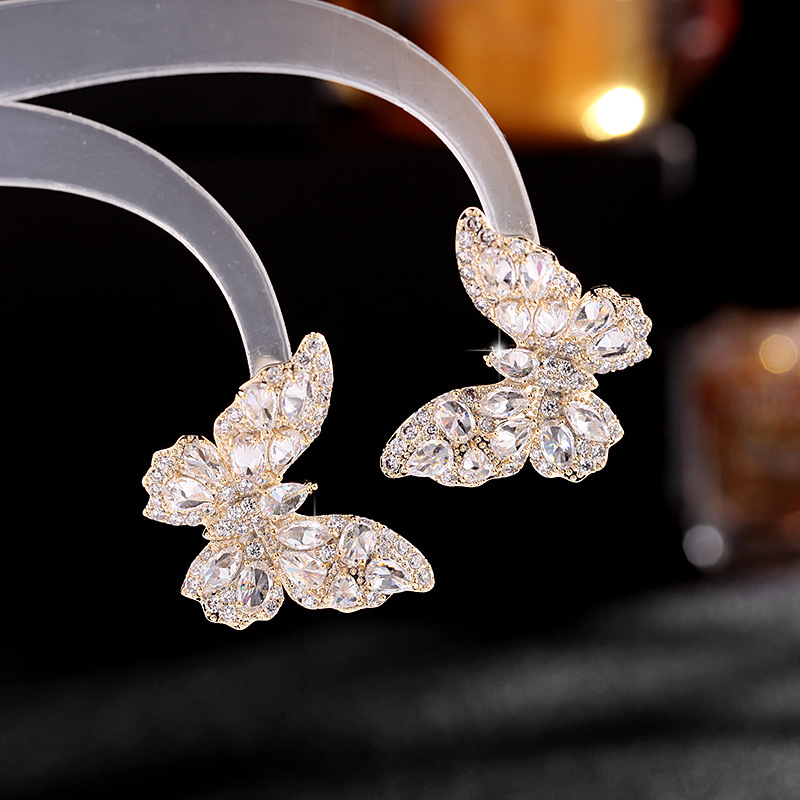 New European and American Earrings Heavy Industry High-Grade Color Zircon Earrings Female Atmosphere Sterling Silver Needle Three-Dimensional Butterfly Studs