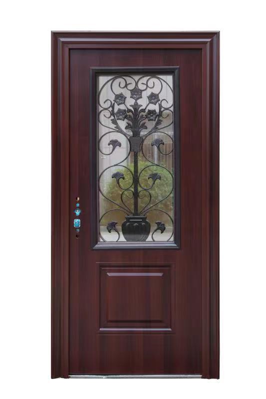 圭亚那热销铁艺花枝钢质门欧式艺术玻璃喷塑门转印门仿铜门防盗门